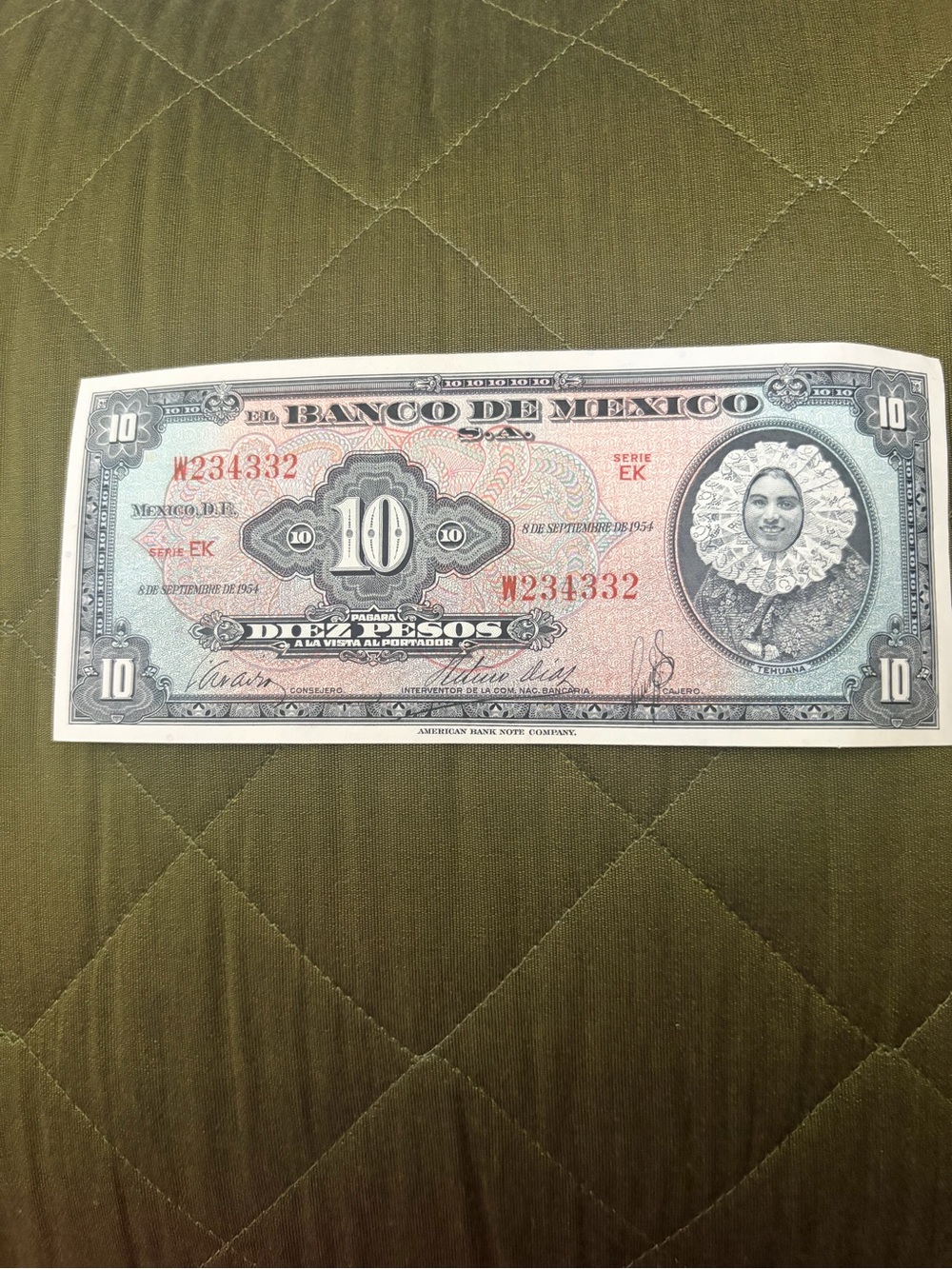 Banco de México 10 Pesos Vintage Banknote - Green and Pink 1954